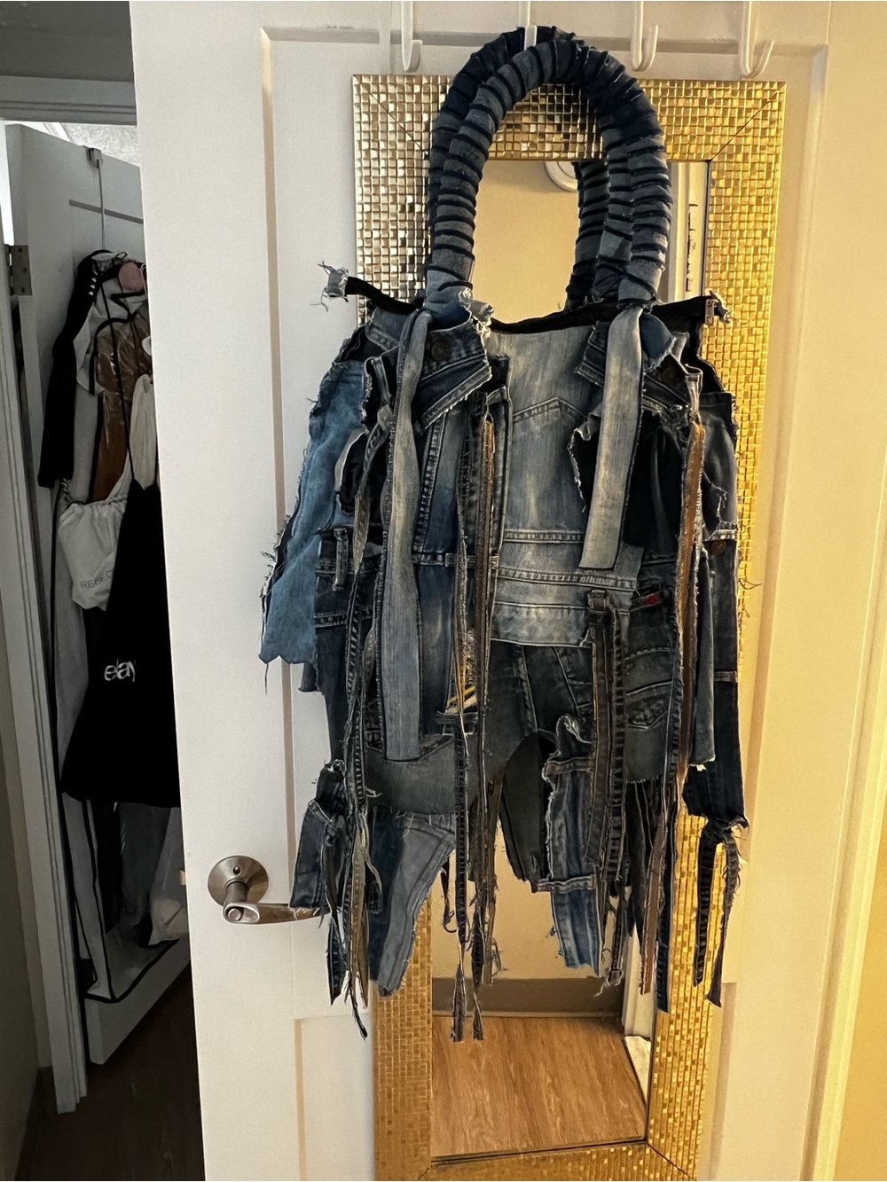 Blue Denim Fringe Shoulder Bag - Distressed Jeans Patchwork… LARGE